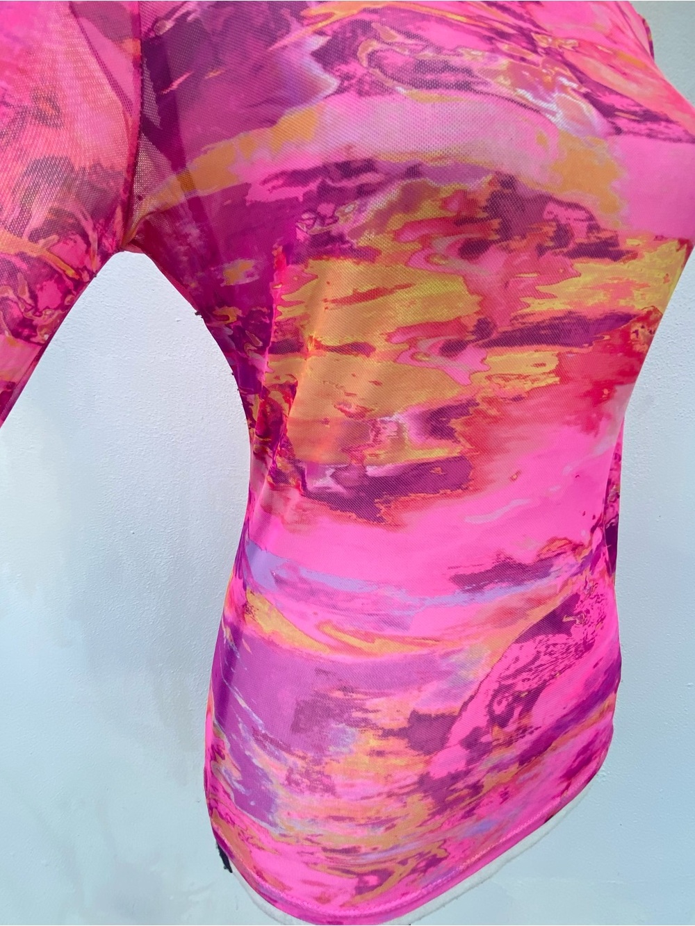 AFRM Subversive Pink & Orange Abstract Sunset Print Mesh Long Sleeve Top Small - Picture 3 of 6